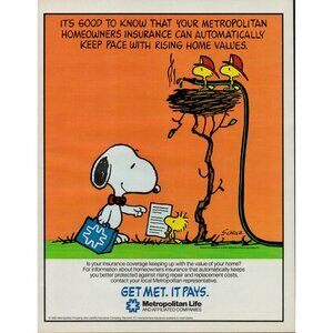 1985 Metropolitan Life Vintage Print Ad f/ Snoopy and Woodstock (L20)